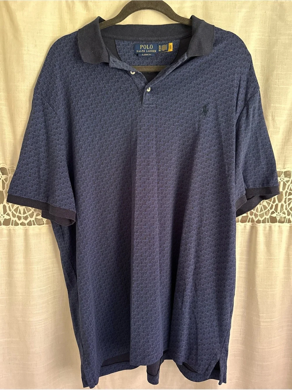 Ralph Lauren Men’s Blue Patterned Polo with Dark Contrast Collar